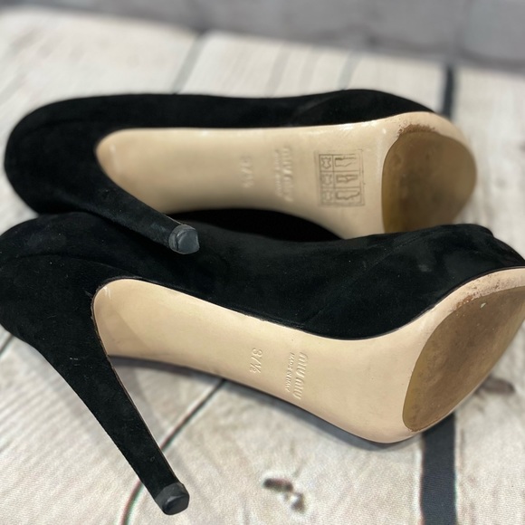 Miu Miu Peep Toe Platform Pumps Women Black Suede Heel Shoes  37.5/US 7 - Picture 6 of 16